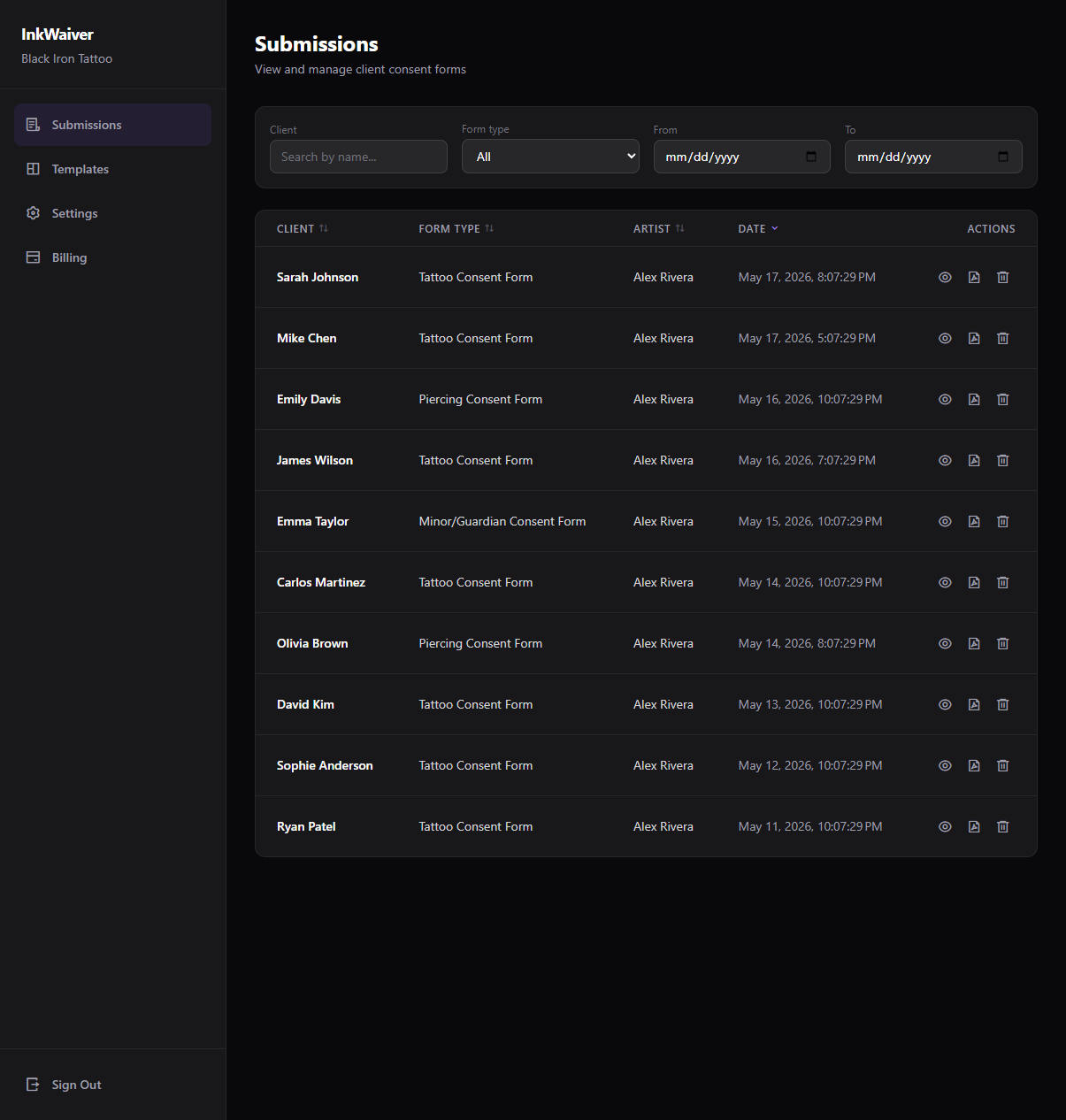 InkWaiver dashboard showing consent form submissions